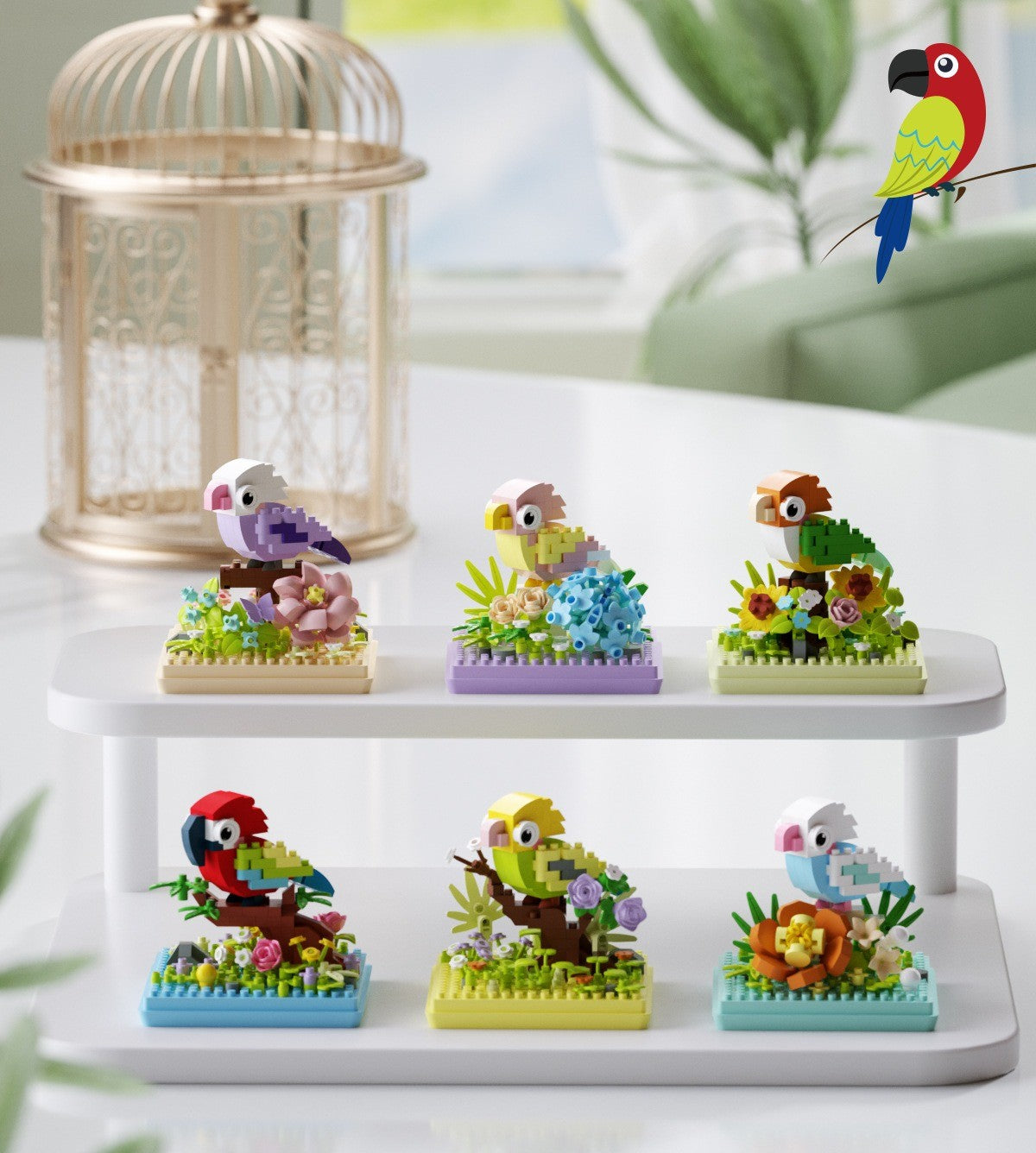 Macaw – MEKANSM K394 micro block set – all six parrots of the series on a shelf