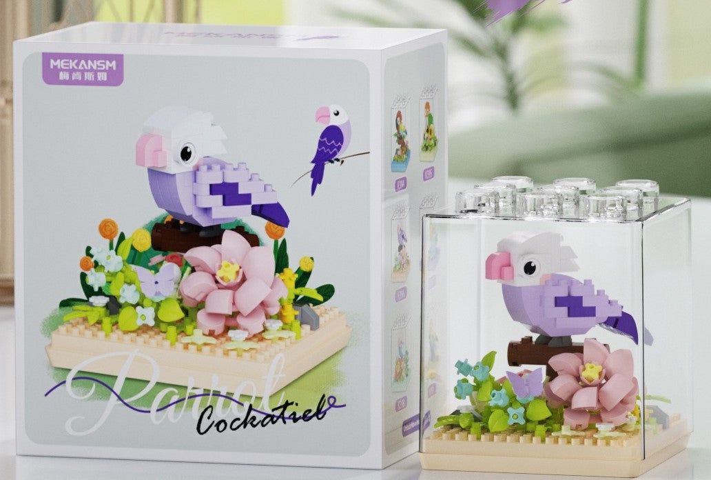 Cockatiel – MEKANSM K396 micro block set – retail box and the assembled cockatiel in its dust cover