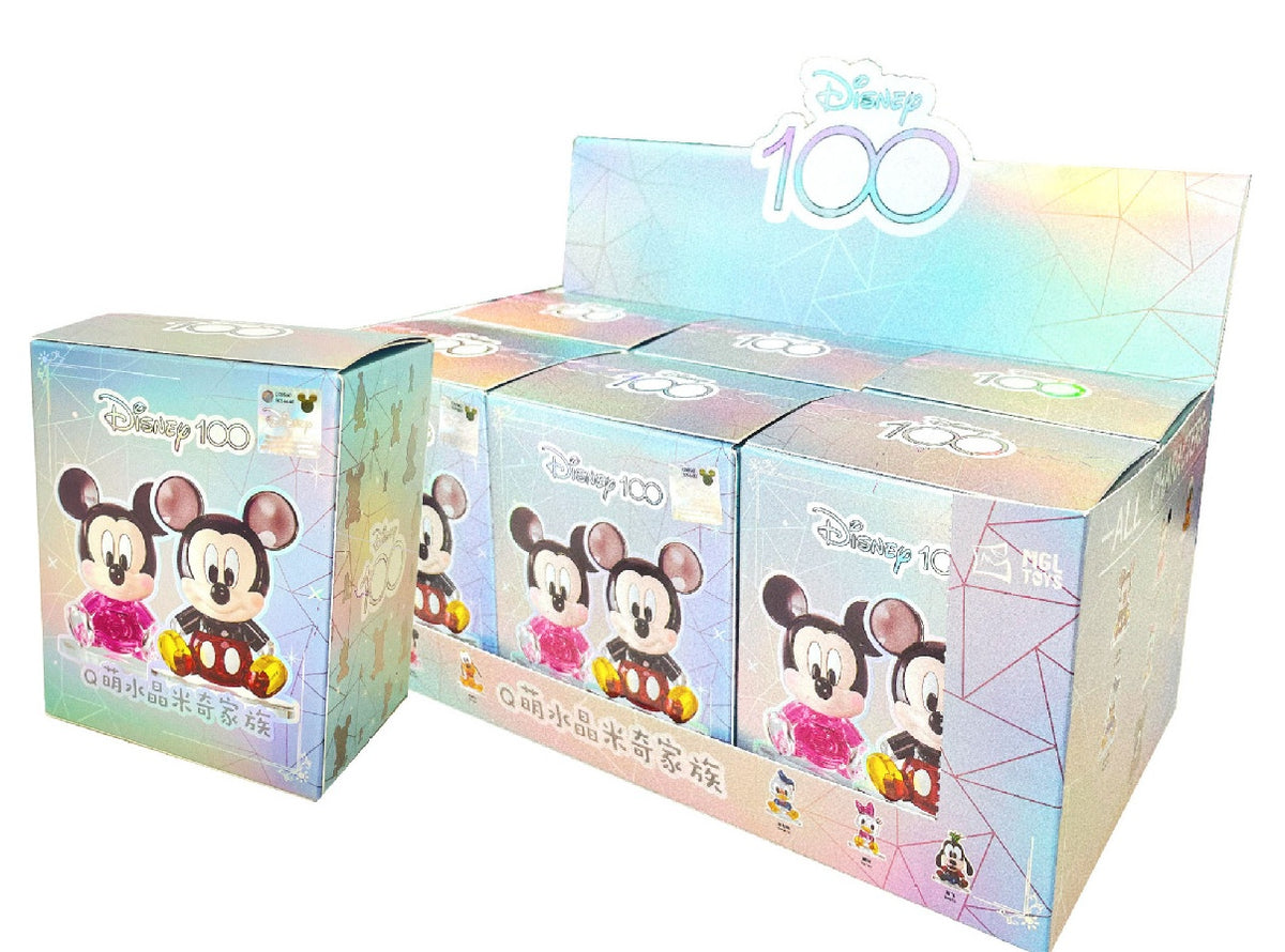 Q-Cute Mickey Family – MGL Toys Disney 100 Crystal Blind Box – single blind box next to a full display of 6 boxes