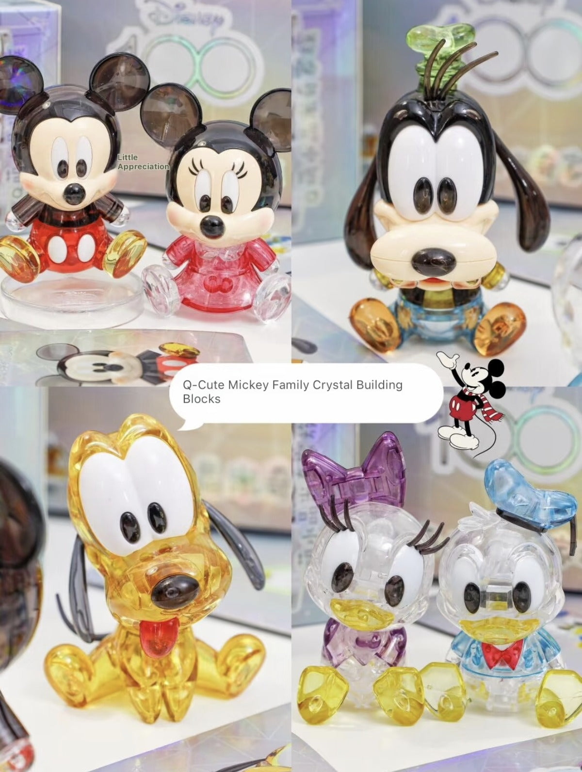 Q-Cute Mickey Family – MGL Toys Disney 100 Crystal Blind Box – all 6 designs: Mickey, Minnie, Goofy, Pluto, Daisy and Donald