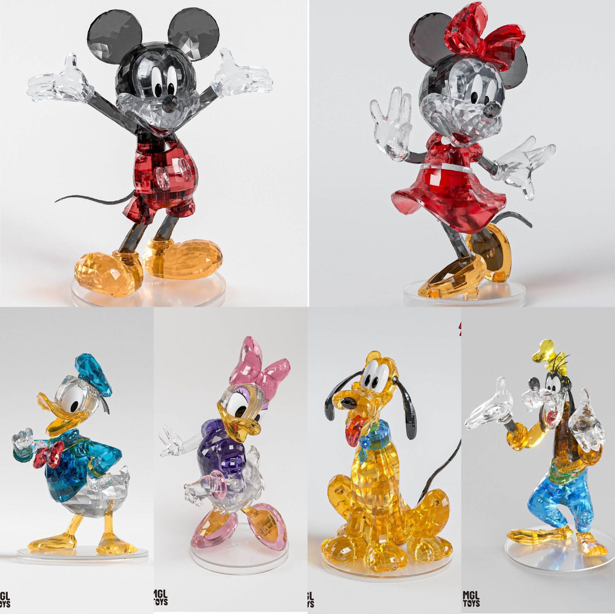 MGL Toys Disney Crystal Mickey & Friends complete set – Mickey, Minnie, Donald, Daisy, Pluto and Goofy crystal building block figures