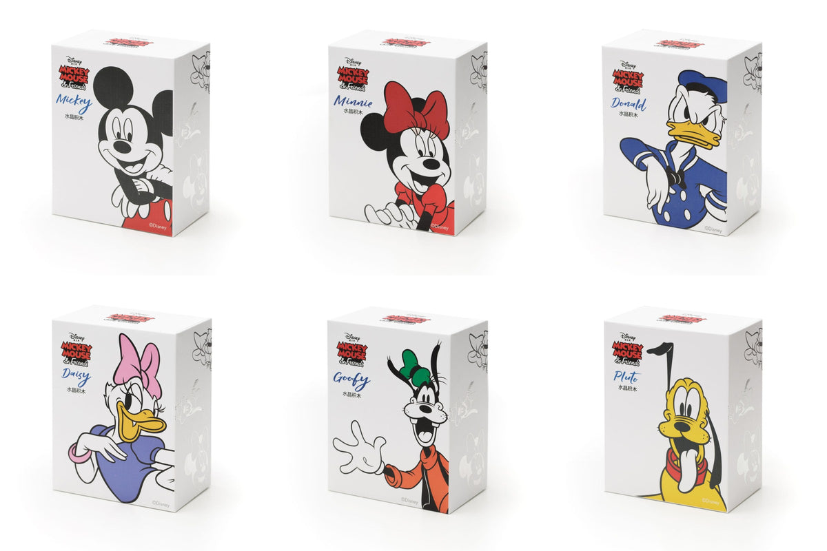 MGL Toys Disney Crystal Mickey & Friends complete set – the six retail boxes: Mickey, Minnie, Donald, Daisy, Goofy and Pluto