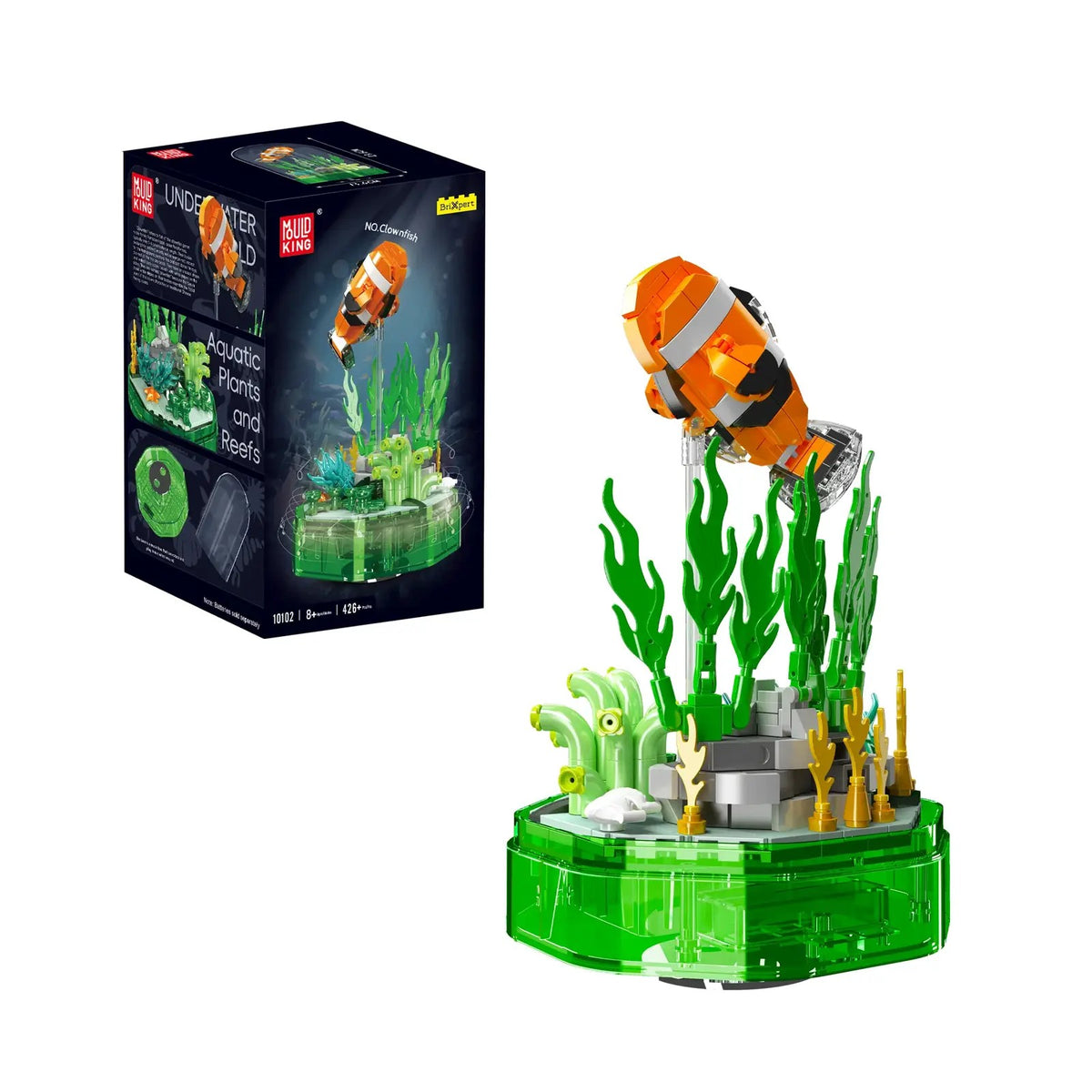 Clownfish Music Box – Mould King 10102 building set – assembled music box next to its retail box