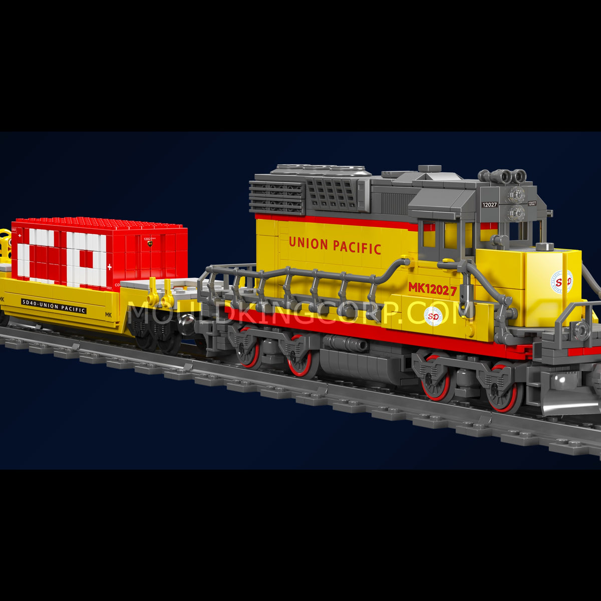 Mould King 12027S SD40-2 Diesel Locomotive – locomotive and flatcar close-up