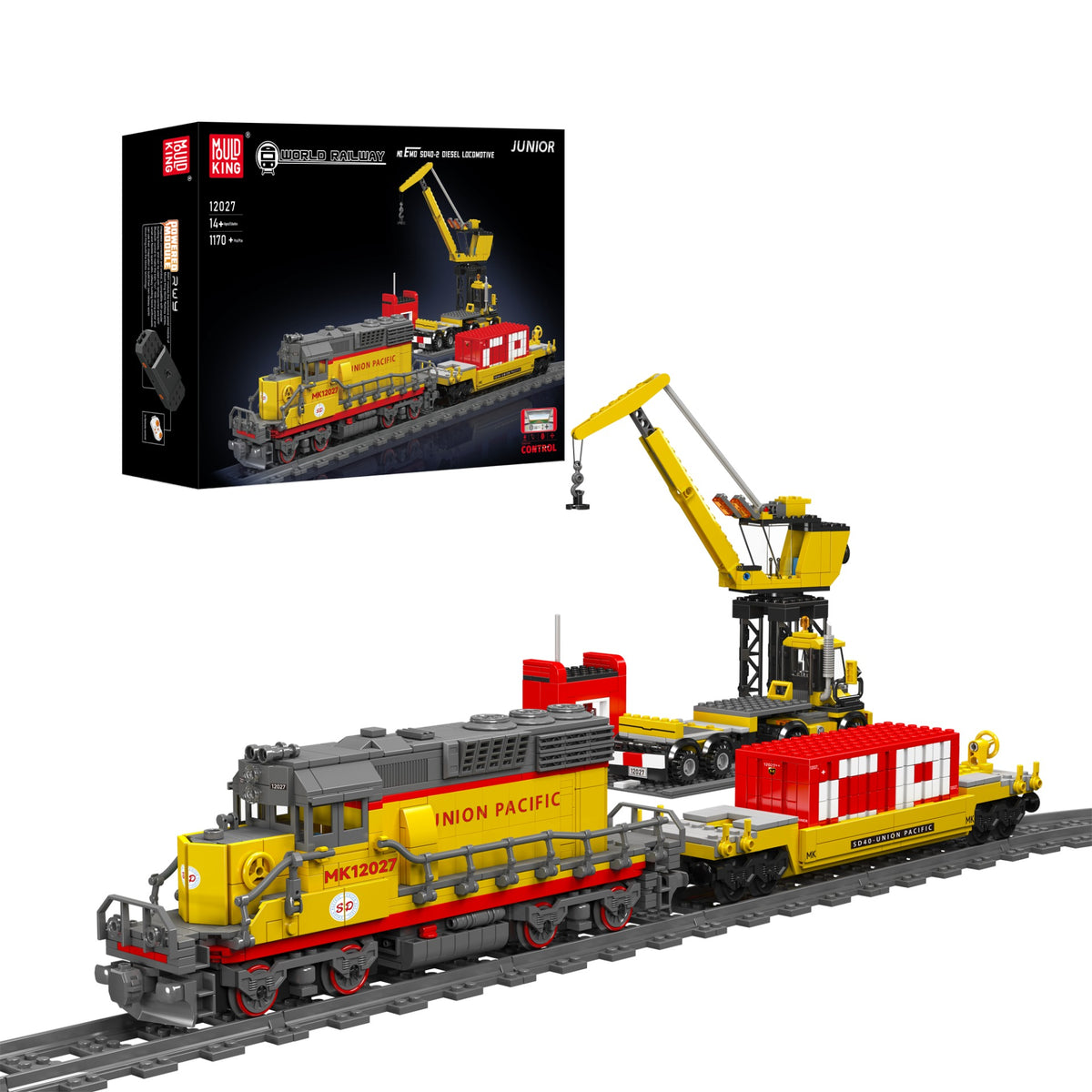 Mould King 12027S SD40-2 Diesel Locomotive with Crane – box and assembled model