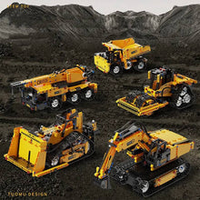 5-in-1 STEM Truck – TUOMU T2012 building set – five construction vehicles on a dark background
