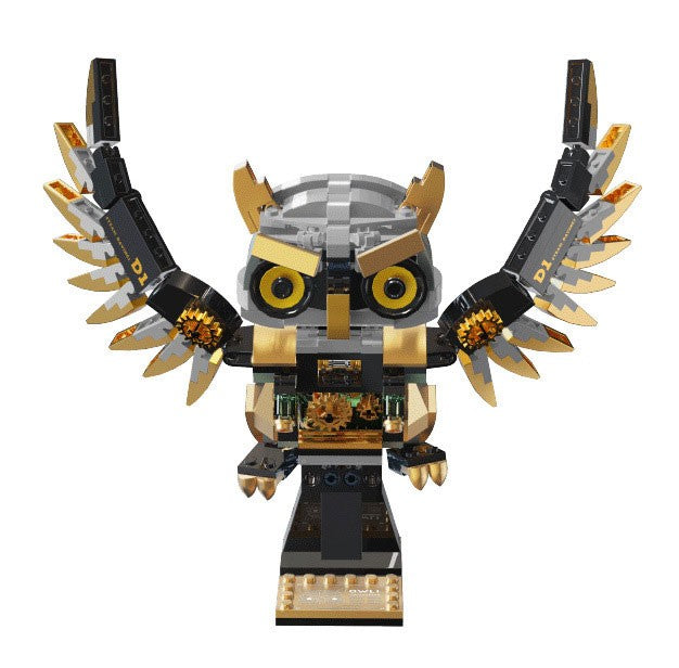 Steam Owl – TUOMU T7003 building set – assembled owl on a black background