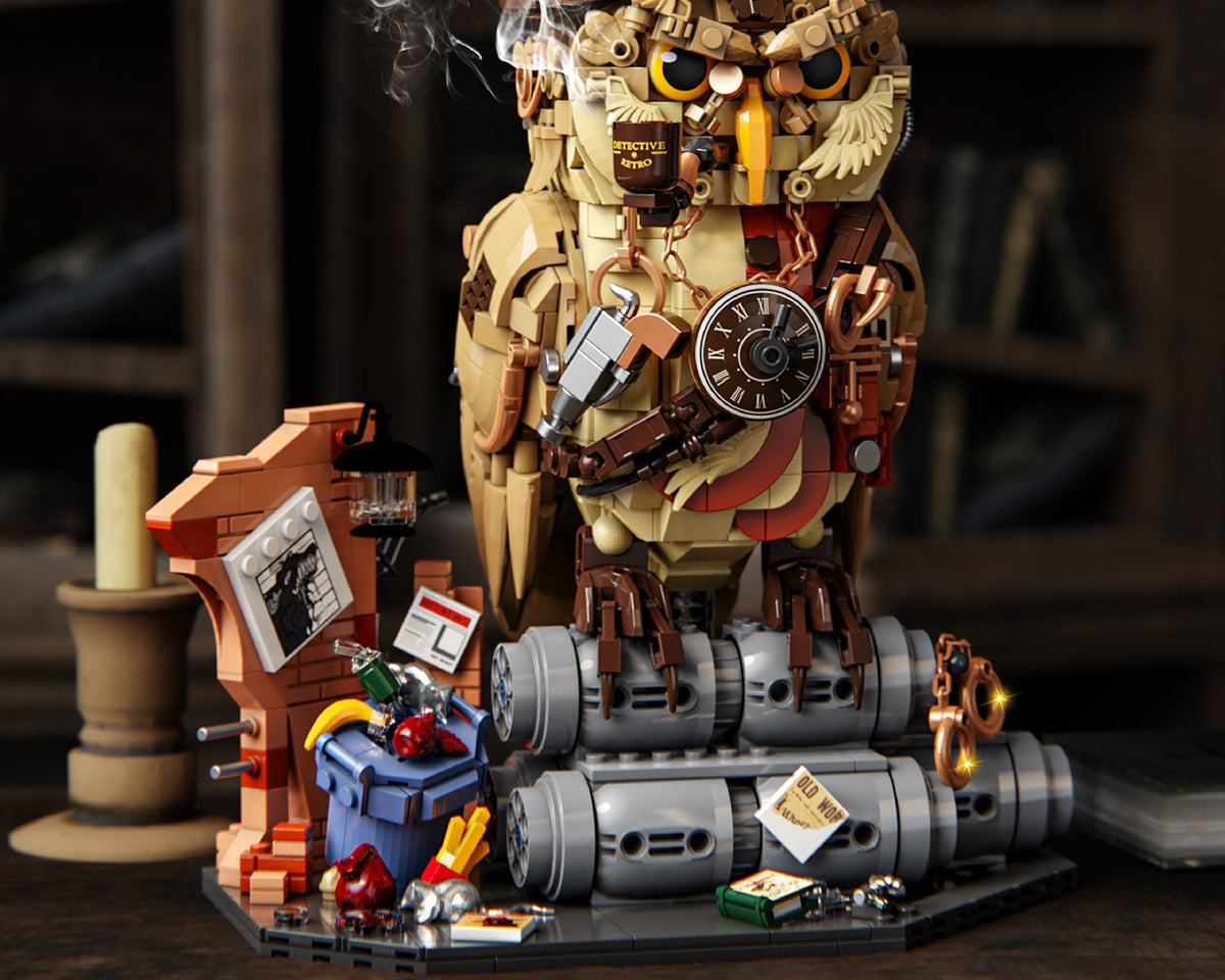 Detective Owl – YoLeXi 33006 building set – assembled steampunk owl on a desk